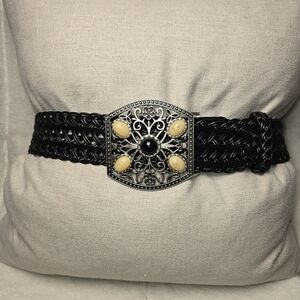CHICO'S WOMENS BLACK FAUX LEATHER BRAIDED BELT LARGE ORNATE JEWELED BUCKLE MED0